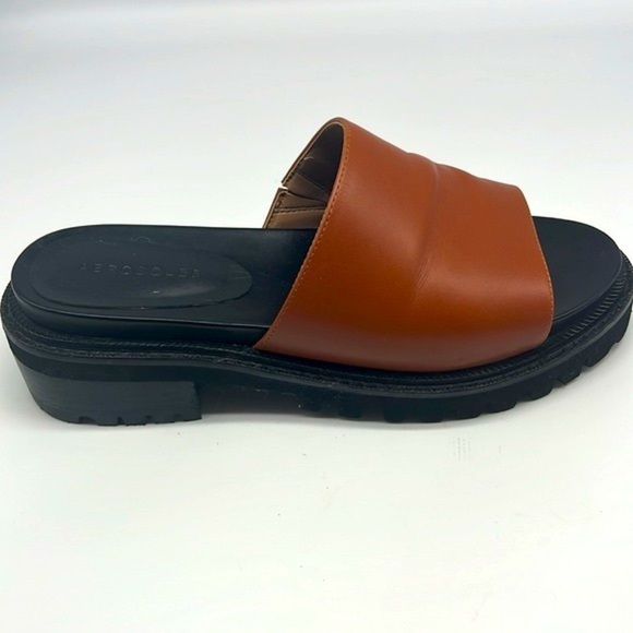 Aerosoles - Lucas Brown Leather Open Toe Chunky Black Soles Slide Sandals Size 8 - Picture 6 of 15